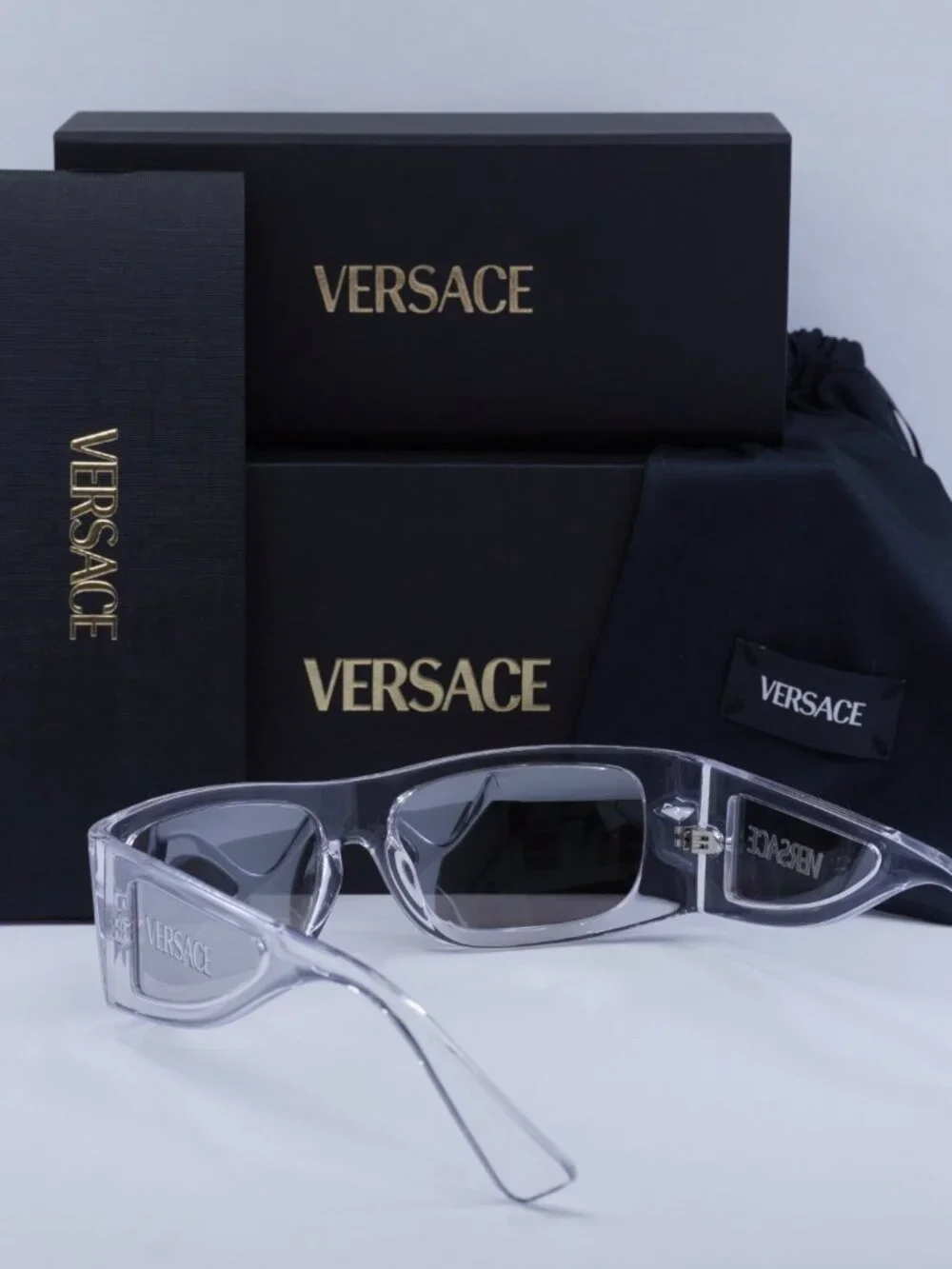 Versace VE4482 148/8V Rectangle Sunglasses – Transparent / Clear Mirror Silver